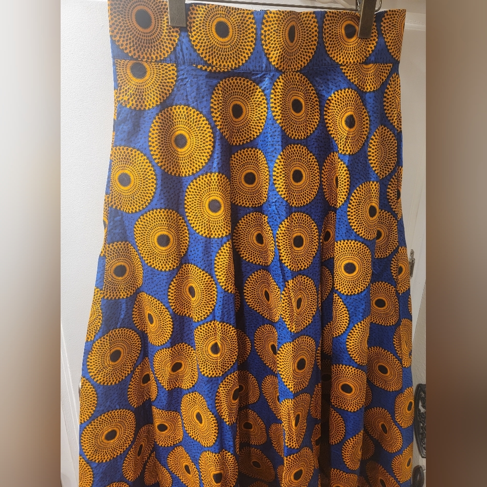 Vintage African Wax Print Maxi Skirt Blue Gold Sunburst Dashiki Boho Flare